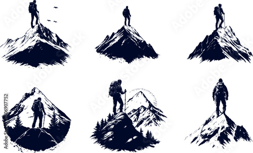 Silhouettes of hikers standing on mountain peaks isolated on white background