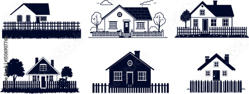 Houses with fences isolated on white background