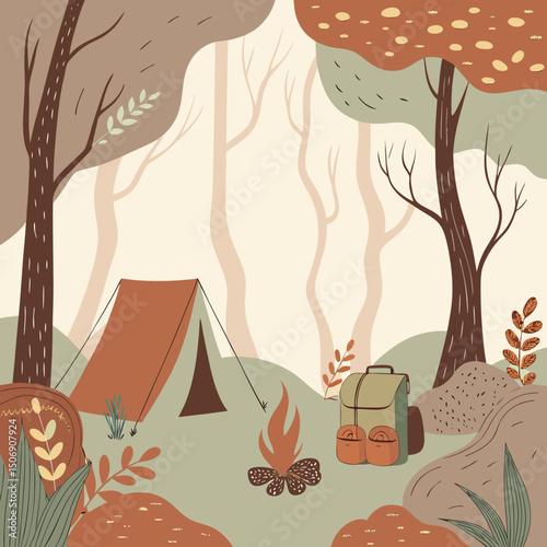 Illustration of a camping scene with a tent backpack and campfire in a forest setting with trees and foliage