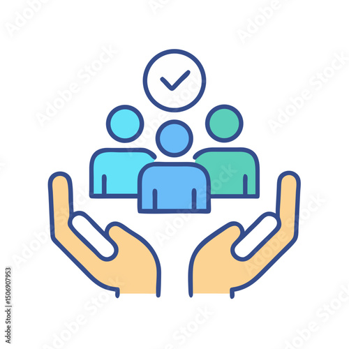 Icon showing hands supporting a team with checkmark above