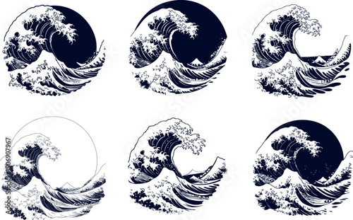 Six graphic wave crests isolated on white background in circular shapes