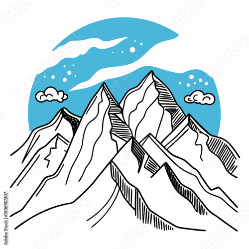 Illustration of mountain range with snow capped peaks and clouds against a blue circular background