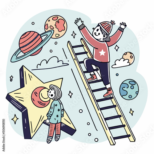 Illustration of two children reaching for planets and stars using a ladder and a large star shape