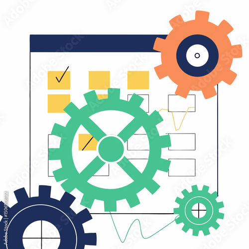 Illustration of a calendar with check marks and gears in orange green and blue on a white background design