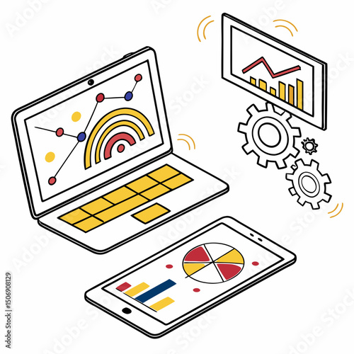 Isometric view of laptop, tablet, and monitor displaying charts and graphs with gears and wifi symbols nearby