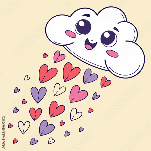 Cartoon cloud with a smiling face raining colorful hearts on a light beige background illustration art