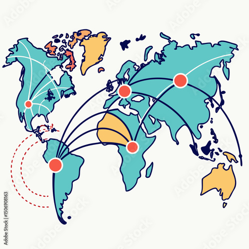 World map illustration showing global connections with lines and highlighted continents and red dots