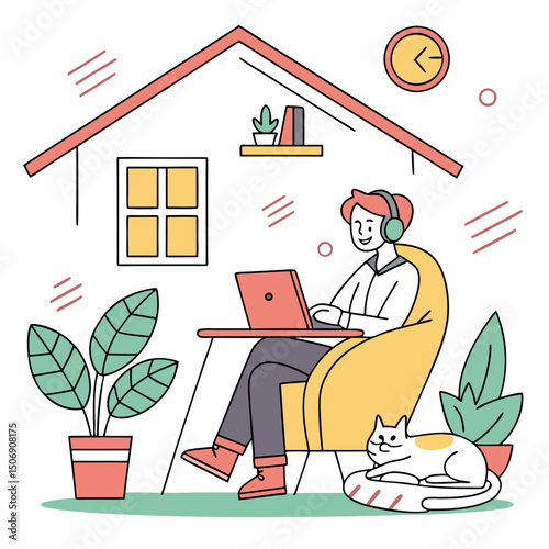 Illustration of a person working on a laptop at home with a cat and plants in a cozy setting scene