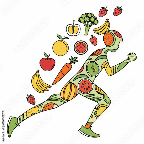 Silhouette of a runner filled with fruits and vegetables with a variety of fruits floating around him