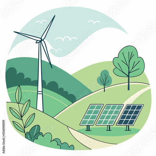 Illustration of a wind turbine and solar panels in a green landscape with trees and birds in the sky near hills