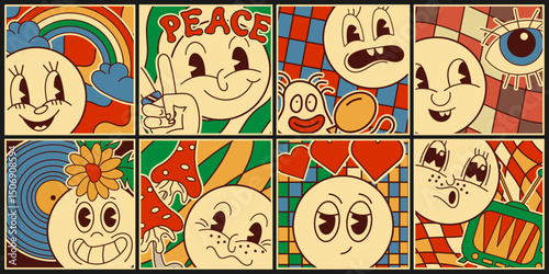 Eight miniature groovy posters, stickers, icons. Groovy emoji surrounded by various objects. Vector set