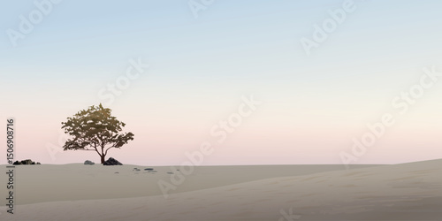 Silhouette tree in the middle of dried land with vanilla sky background graphic illustration have blank space.