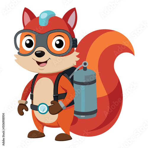 Cartoon squirrel wearing scuba gear ready for underwater exploration with oxygen tank