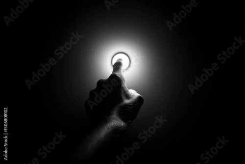Hand searching in darkness the light button in a wall as an emergency button