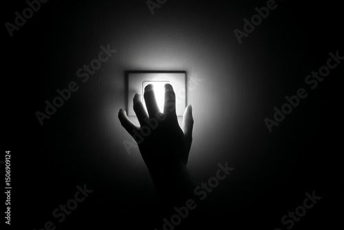 Hand searching in darkness the light button in a wall as an emergency button