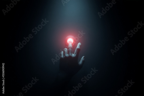 Hand searching in darkness the light button in a wall as an emergency button