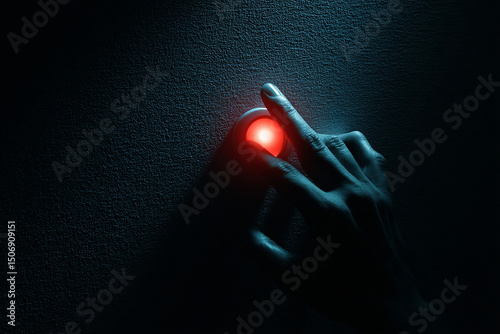 Hand searching in darkness the light button in a wall as an emergency button