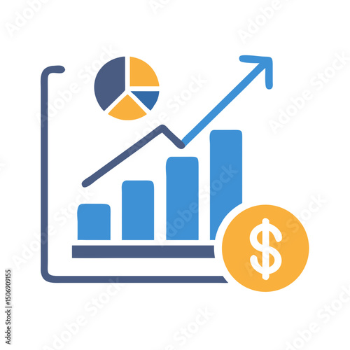 Bar graph with pie chart and rising arrow illustration