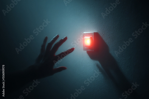 Hand searching in darkness the light button in a wall as an emergency button
