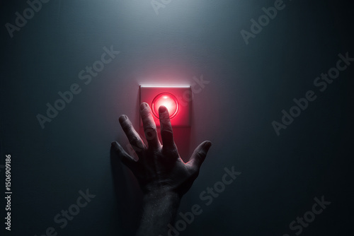 Hand searching in darkness the light button in a wall as an emergency button