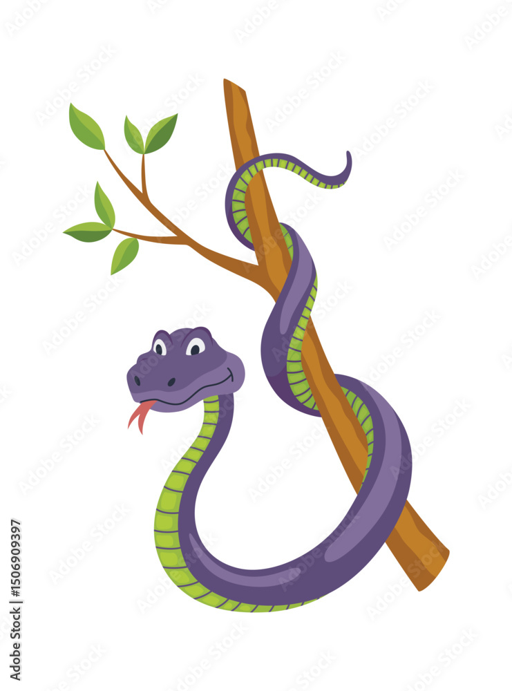 Fototapeta premium Cartoon color snake. Cute smiling animal, funny reptile of wild tropical nature. Flat vector isolated illustrations for kids design