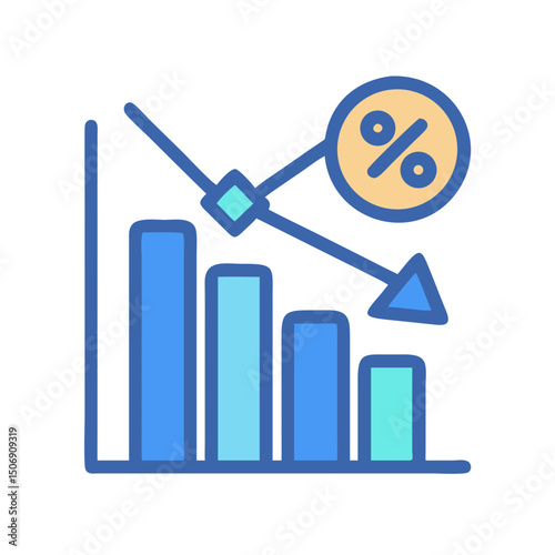 Blue bar chart showing decrease with percentage symbol icon