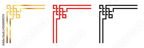 Asian style decorative corner frames in gold, red, and black. Vector design with geometric, traditional patterns. Perfect for invitations, borders, or ornamental art in Asian themes.