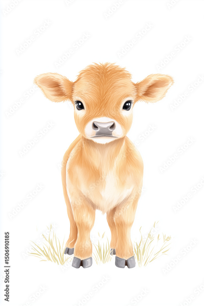 Obraz premium A charming watercolor painting presents an adorable calf with expressive eyes, set against a delicate meadow ambiance.