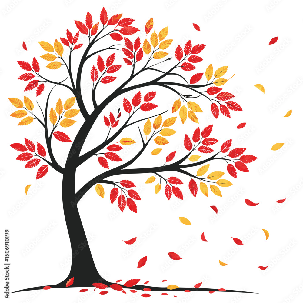 Fototapeta premium Artistic autumn tree with falling leaves in red and gold tones isolated on white background representing the fall season