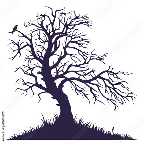 Bare tree silhouette vector illustration with bird perched on a branch and grass at the bottom isolated on white background