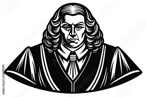 Baroque era figure and white illustration person with wig and formal attire historical engraving style portrait vector