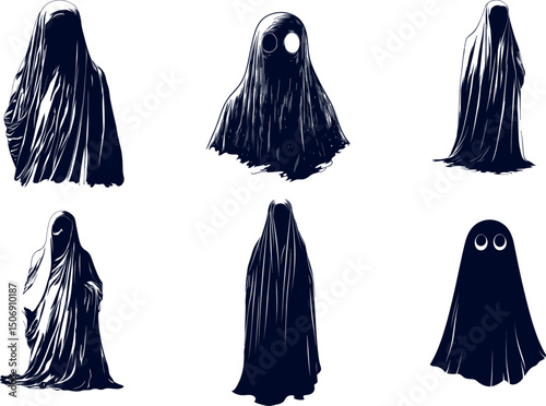Collection of spooky ghosts isolated on white background for halloween