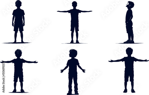 Silhouettes of a boy in various poses isolated on white background