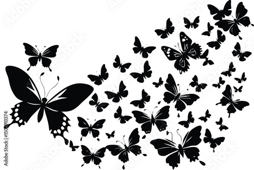 Butterfly silhouettes swarm ascending spiraling composition on white background abstract winged insects graphic design decoration for print