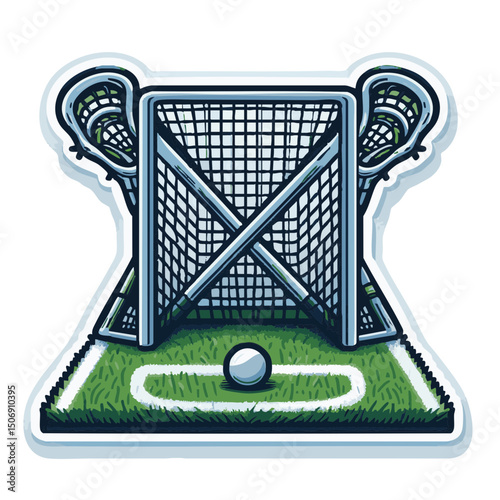 Lacrosse goal in vibrant colors with net and ball on grass field  