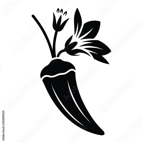 Okra Flowering Pod Silhouette, Vector, Illustration, Icon, Logo, White Background.
