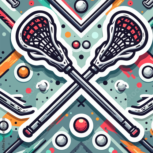 Crossed lacrosse sticks in colorful abstract graphic design  