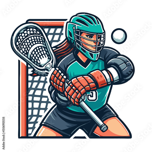 Female lacrosse goalkeeper preparing to block a shot on the field  