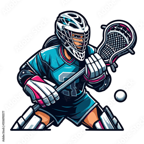 Female lacrosse goalkeeper in action with stick and ball  