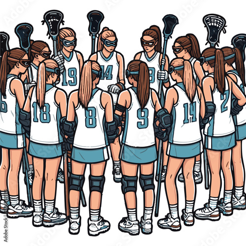 Lacrosse team of girls huddling and discussing strategy on the field  