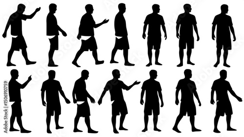 "Create a clean vector art set of twelve male silhouettes showing various movements or idle stances, each character in shorts and a short-sleeved shirt, evenly arranged on a white grid."
