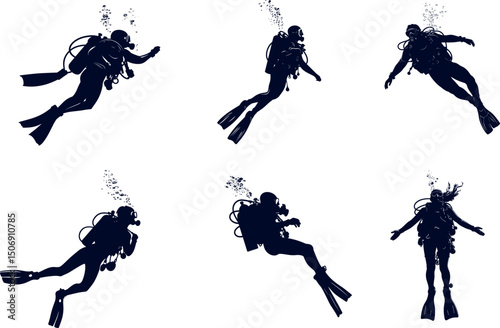 Scuba divers silhouettes isolated on white background