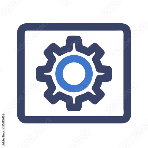 Isolated blue cog in a square against black backdrop