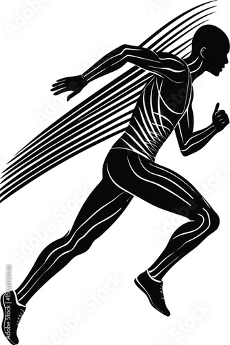 Dynamic athlete running silhouette with speed lines represents motion and physical activity in sport graphic illustration
