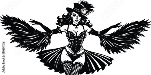 Elegant burlesque dancer silhouette with feather fans and intricate costume featuring hat and fishnet stockings