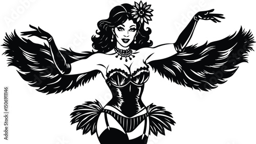 Elegant burlesque dancer silhouette with feathered wings and decorative corset in classic vintage style illustration