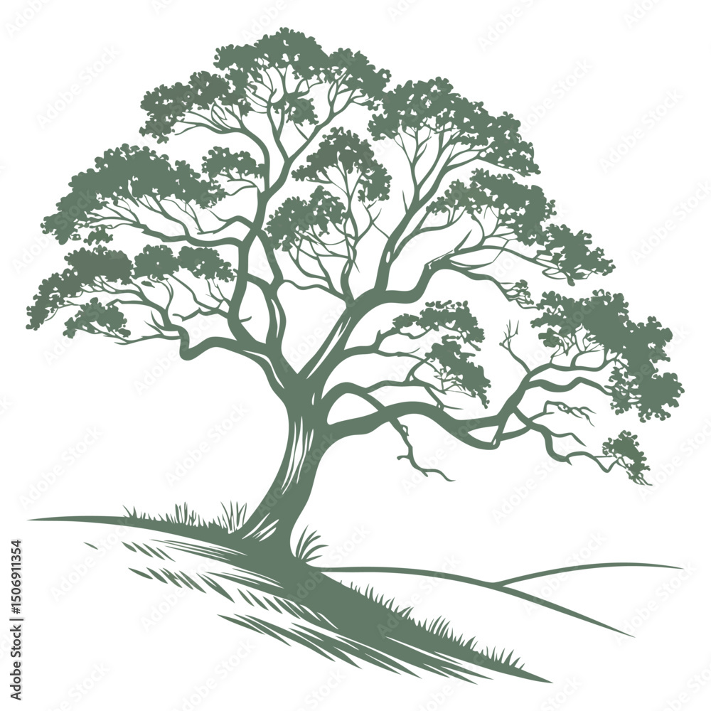 Fototapeta premium Elegant olive green tree silhouette on hillside vector graphic for botanical designs and nature projects