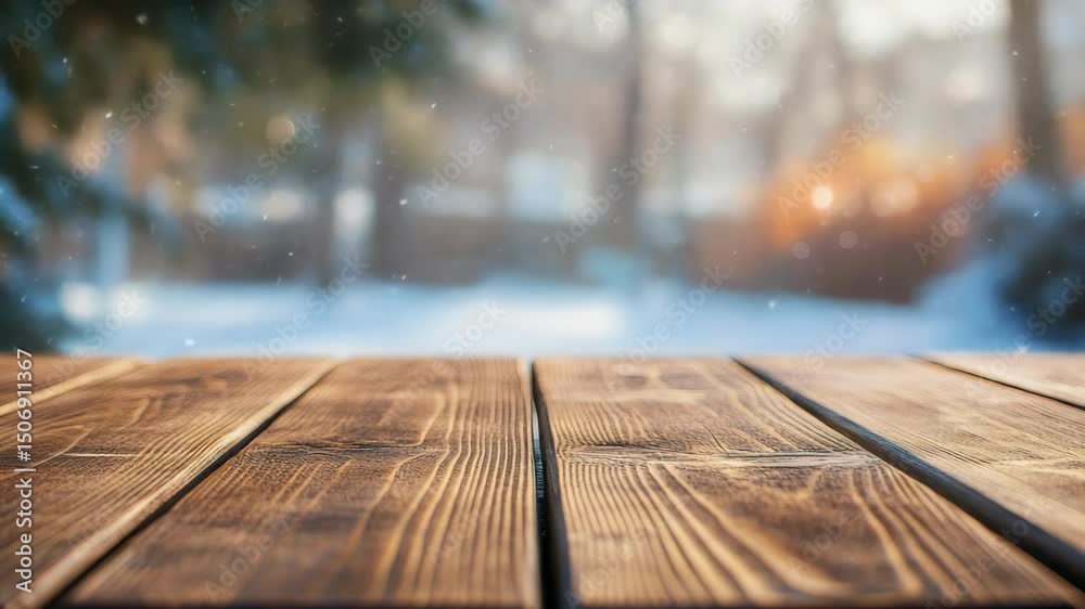 Snowy day, winter scene with a rustic wooden bench and snow falling gently.