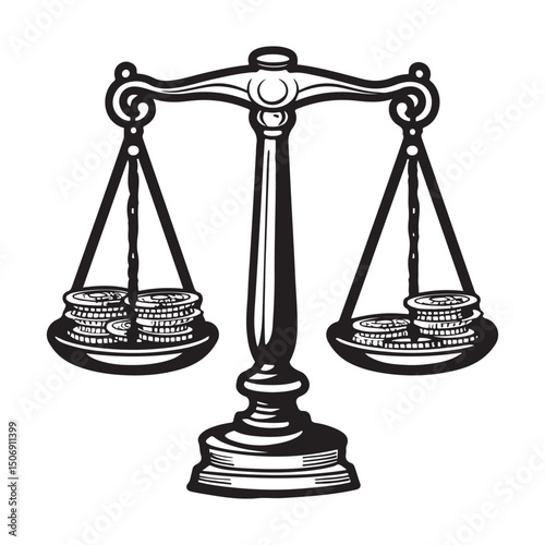 Balance Scale with Unequal Stacks of Coins Representing Financial Imbalance and Economic Disparity Presented as a Silhouette