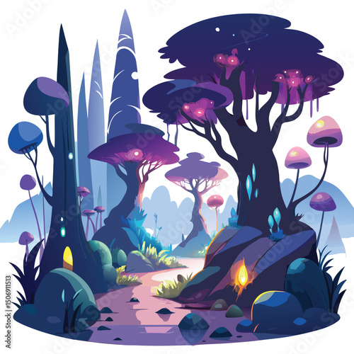 Enchanted fantasy landscape with alien trees and magical flora in vector illustration depicting a tranquil and dreamlike environment
